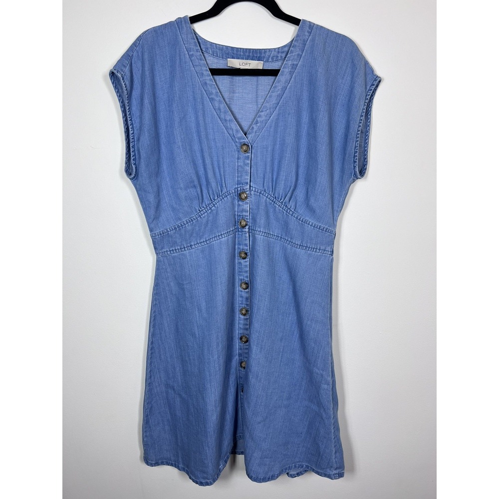 Loft Chambray Denim Linen Lyocell Button Front Milkmaid Dress Sz 10 Casual Knee